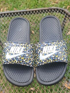 Nike Womens Black Slide Sandals with Blue and Yellow Floral Print